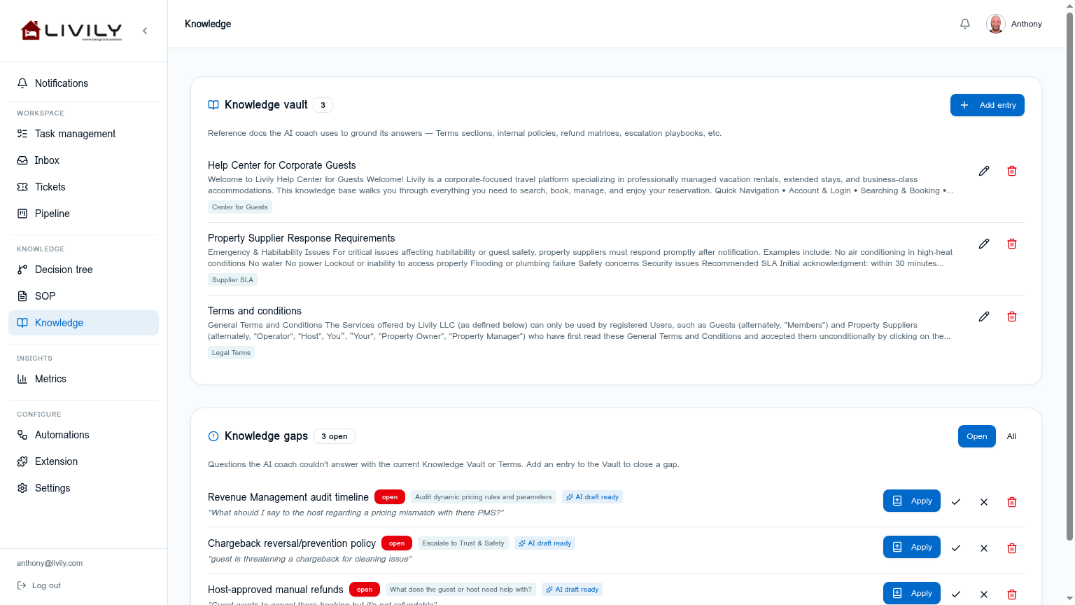 Knowledge vault with help center, supplier SLA, and terms entries plus open knowledge gaps