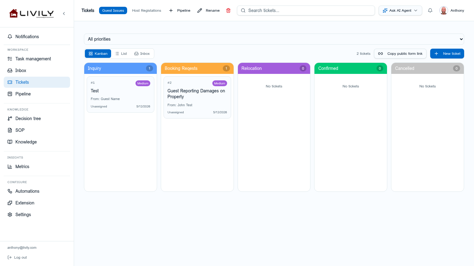 Triaage shared ticket inbox in Kanban view with priority badges and AI Agent button